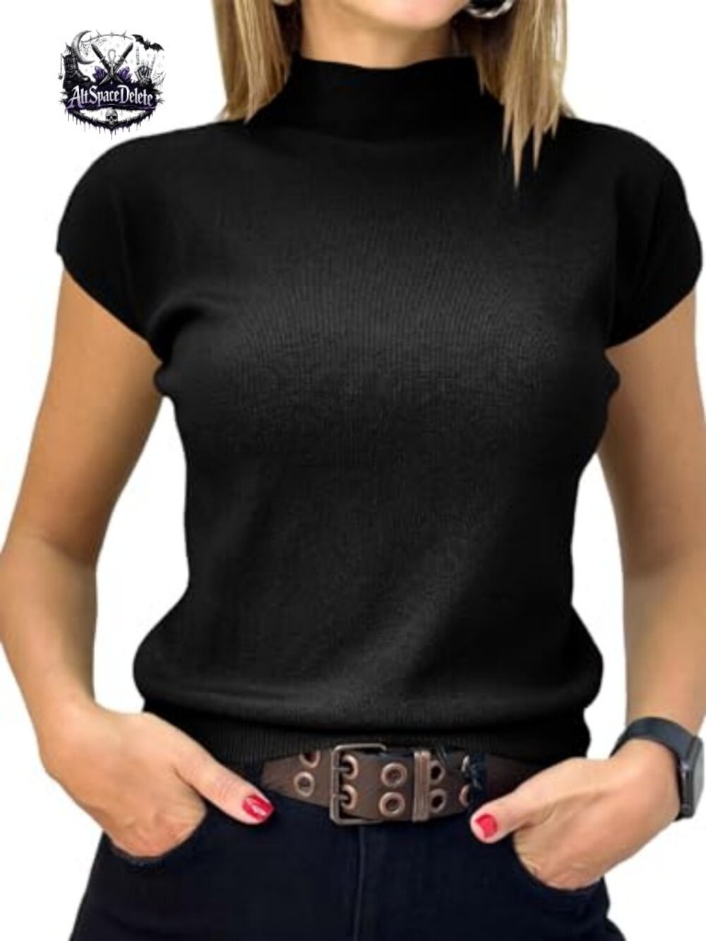 Womens Short Sleeve Mock Neck Ribbed Knit Sweater Top Slim Fit Summer